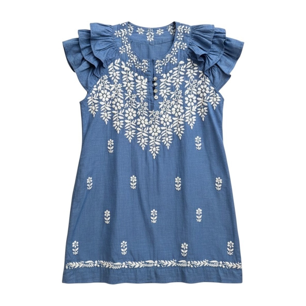 Blue Chambray Embroidered Floral Flutter Sleeve Shift Dress Boho Mini M/L